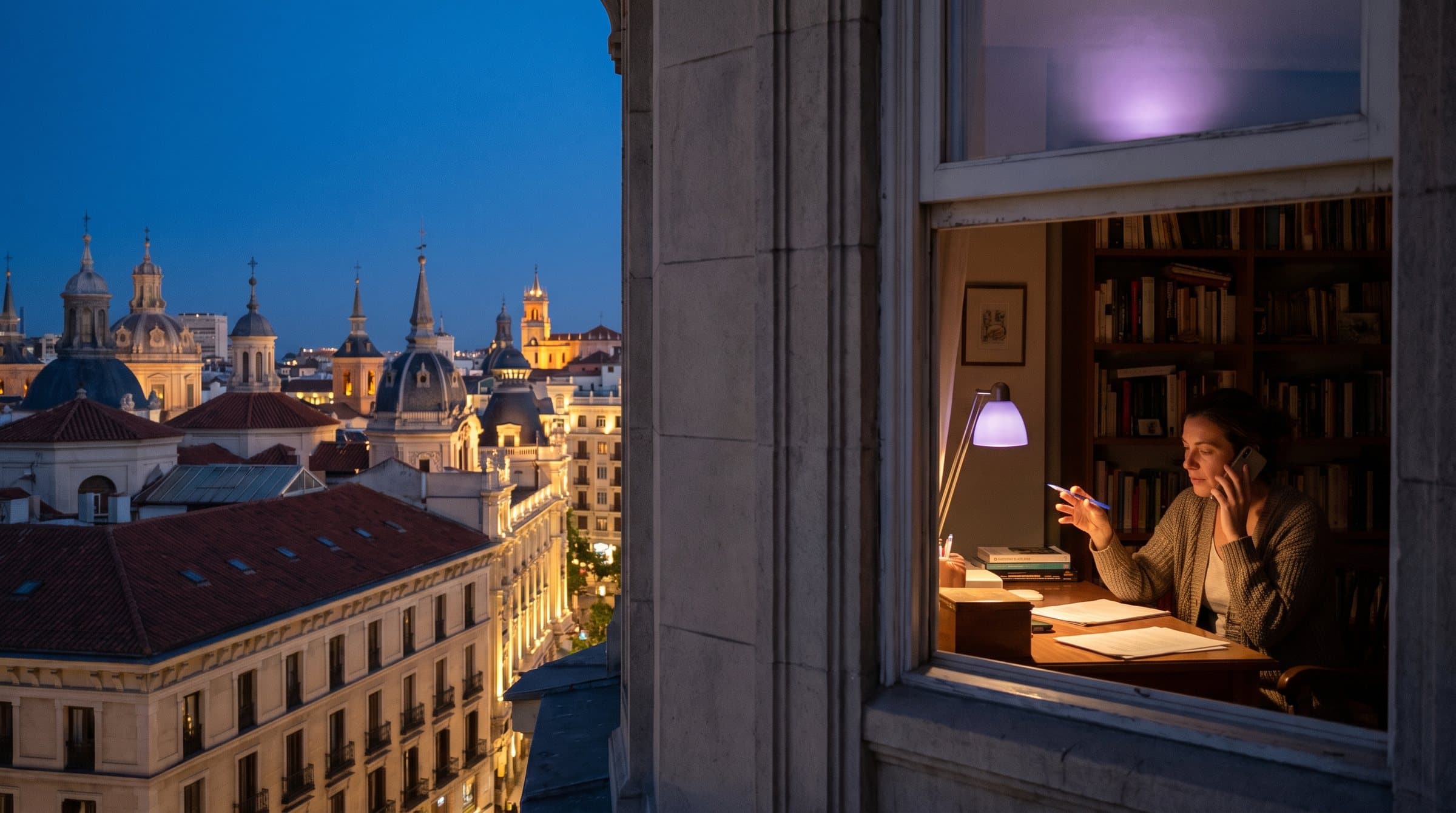 Tejados de Madrid a la hora azul, una mujer al teléfono tras una ventana iluminada