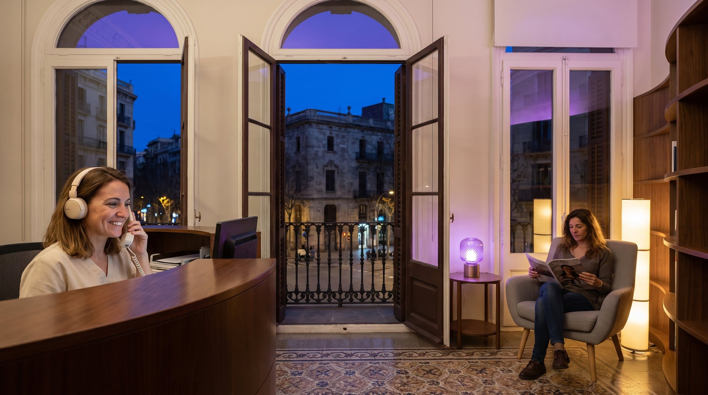 Recepcionista con auriculares al teléfono en la entrada de una clínica dental en un edificio modernista del Eixample de Barcelona, a la hora azul