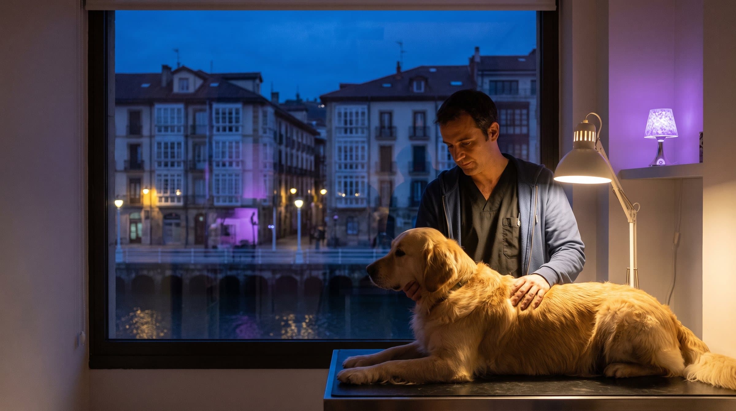 Veterinaria examinando a un perro de noche en una clínica de Bilbao, balcones acristalados del Casco Viejo al fondo