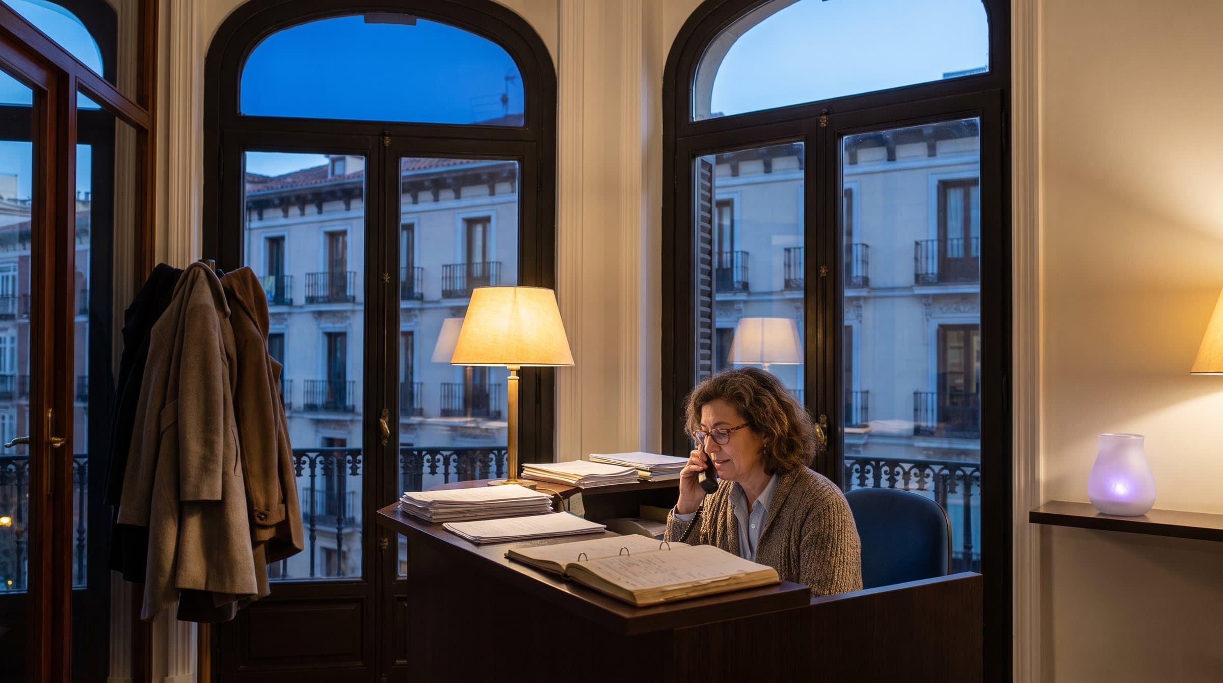 Secretaria de una consulta médica al teléfono al amanecer, en un edificio clásico del barrio de Salamanca en Madrid
