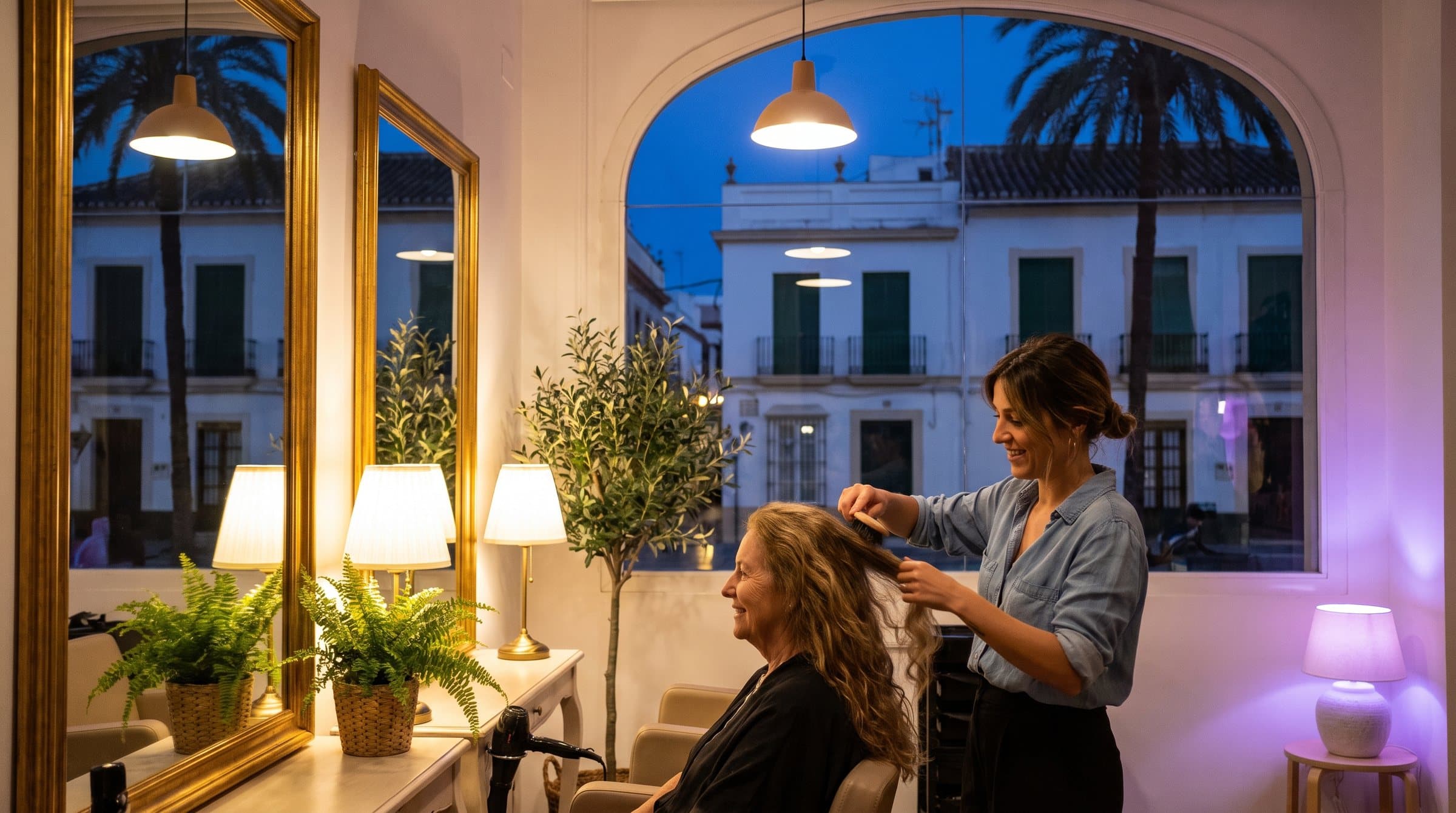 Peluquera terminando un peinado en un salón de Málaga, fachadas blancas con palmeras al fondo