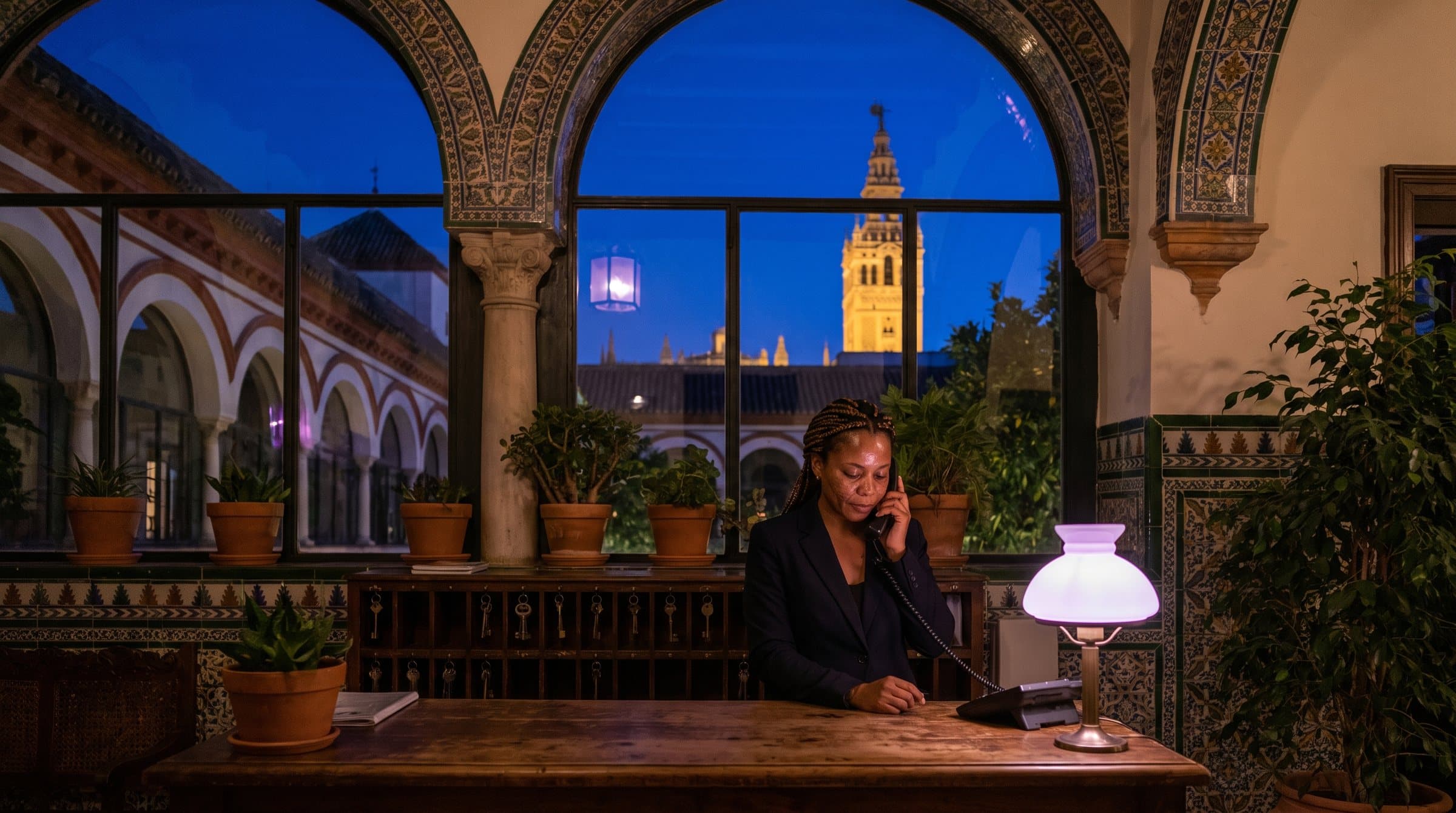 Recepcionista de noche al teléfono en un pequeño hotel con patio andaluz en Sevilla, la Giralda iluminada al fondo